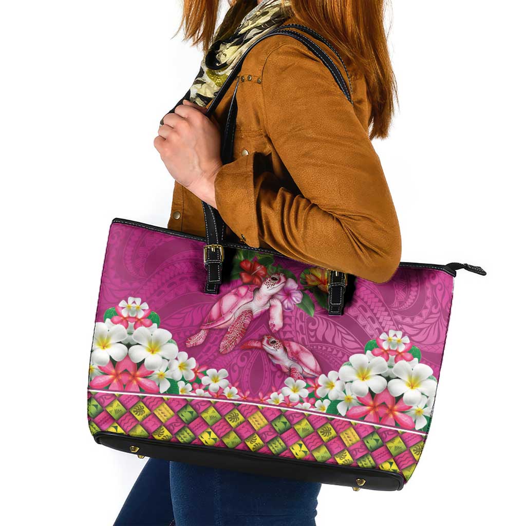 Hawaiian Lei Turtle and Plumeria Leather Tote Bag Polynerian Art Tattoo-Plum Pink Color