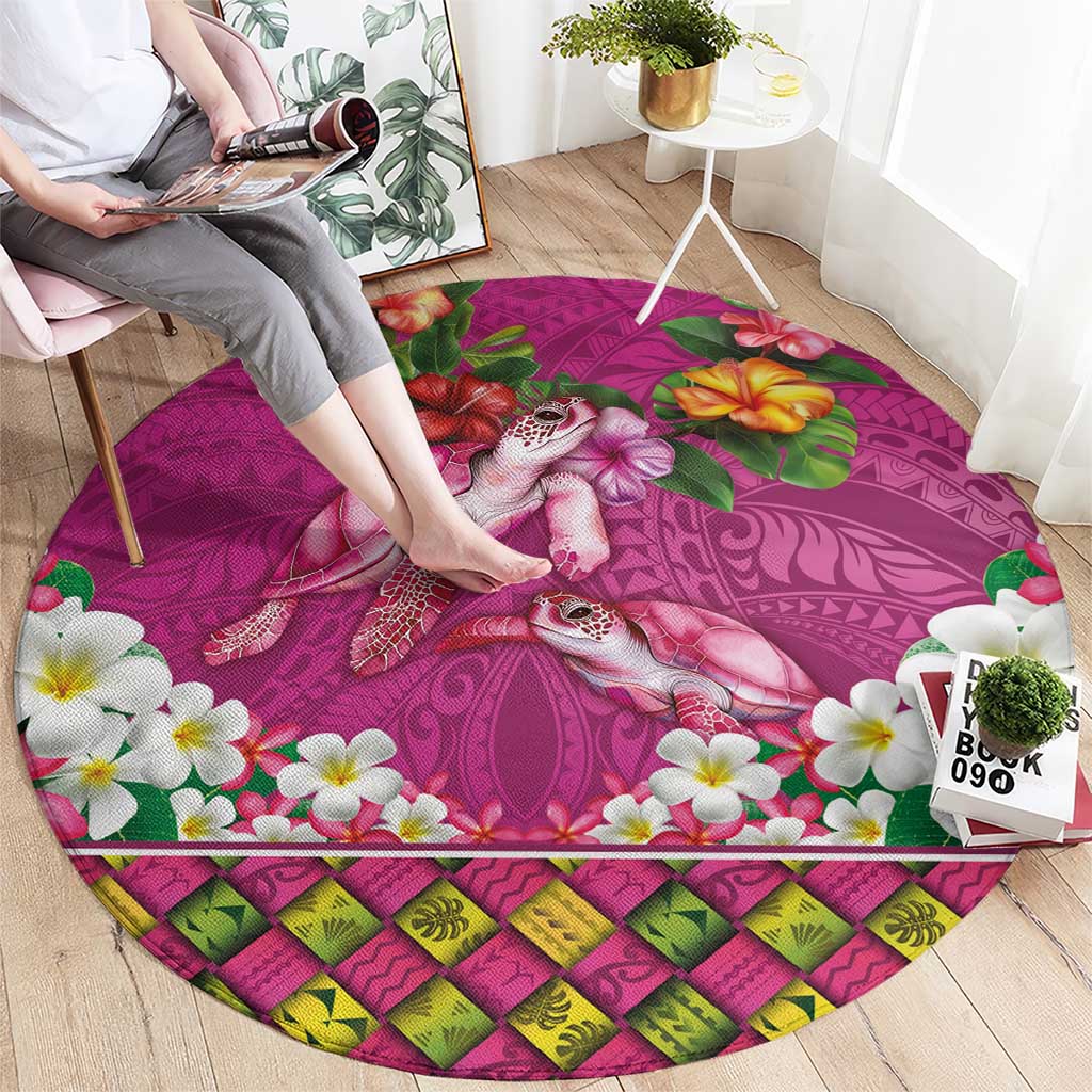 Hawaiian Lei Turtle and Plumeria Round Carpet Polynerian Art Tattoo-Plum Pink Color
