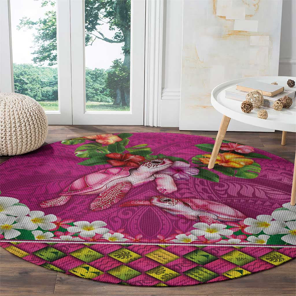 Hawaiian Lei Turtle and Plumeria Round Carpet Polynerian Art Tattoo-Plum Pink Color