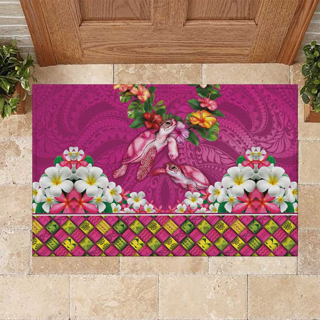 Hawaiian Lei Turtle and Plumeria Rubber Doormat Polynerian Art Tattoo-Plum Pink Color