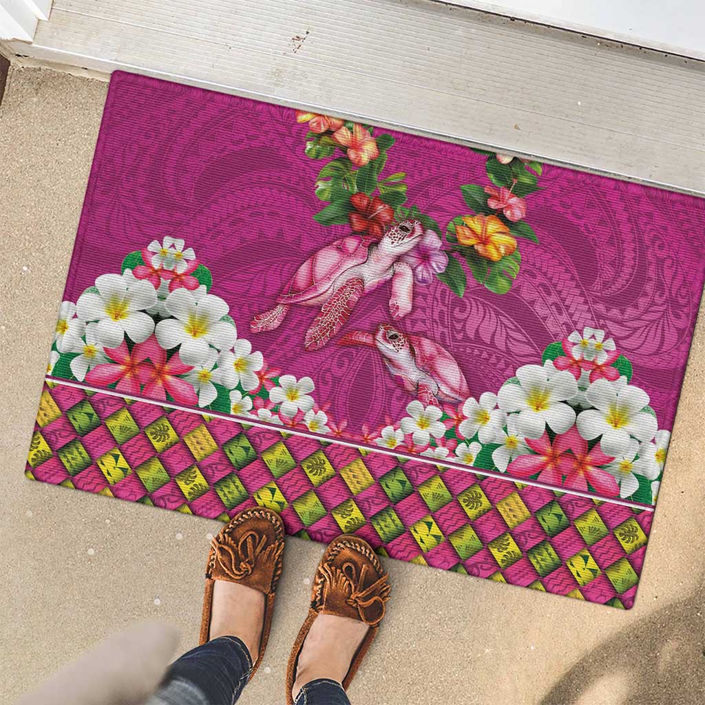 Hawaiian Lei Turtle and Plumeria Rubber Doormat Polynerian Art Tattoo-Plum Pink Color