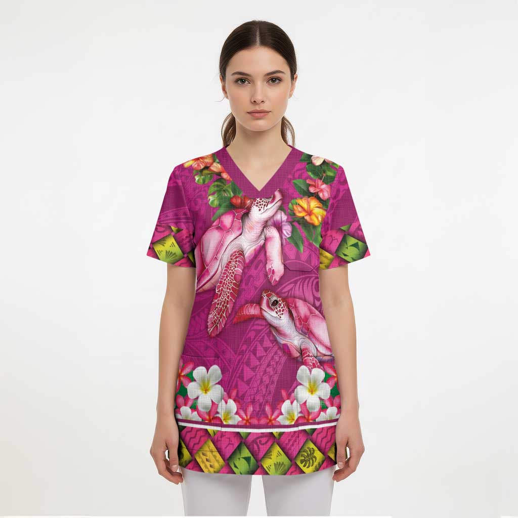 Hawaiian Lei Turtle and Plumeria Scrub Top Polynerian Art Tattoo-Plum Pink Color - Polynesian Pride