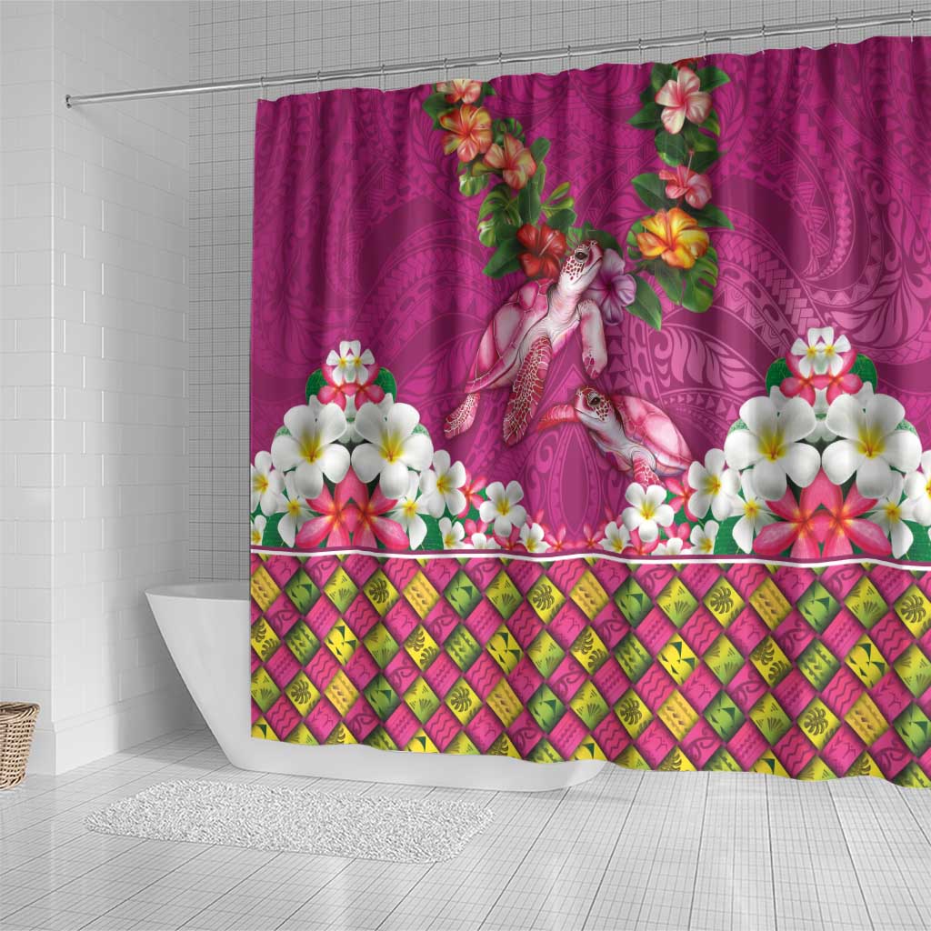 Hawaiian Lei Turtle and Plumeria Shower Curtain Polynerian Art Tattoo-Plum Pink Color