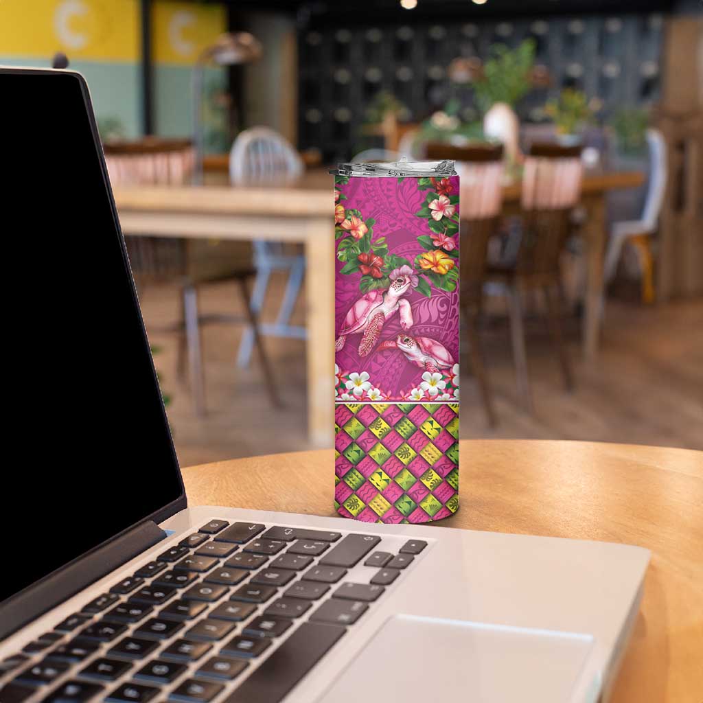 Hawaiian Lei Turtle and Plumeria Skinny Tumbler Polynerian Art Tattoo-Plum Pink Color