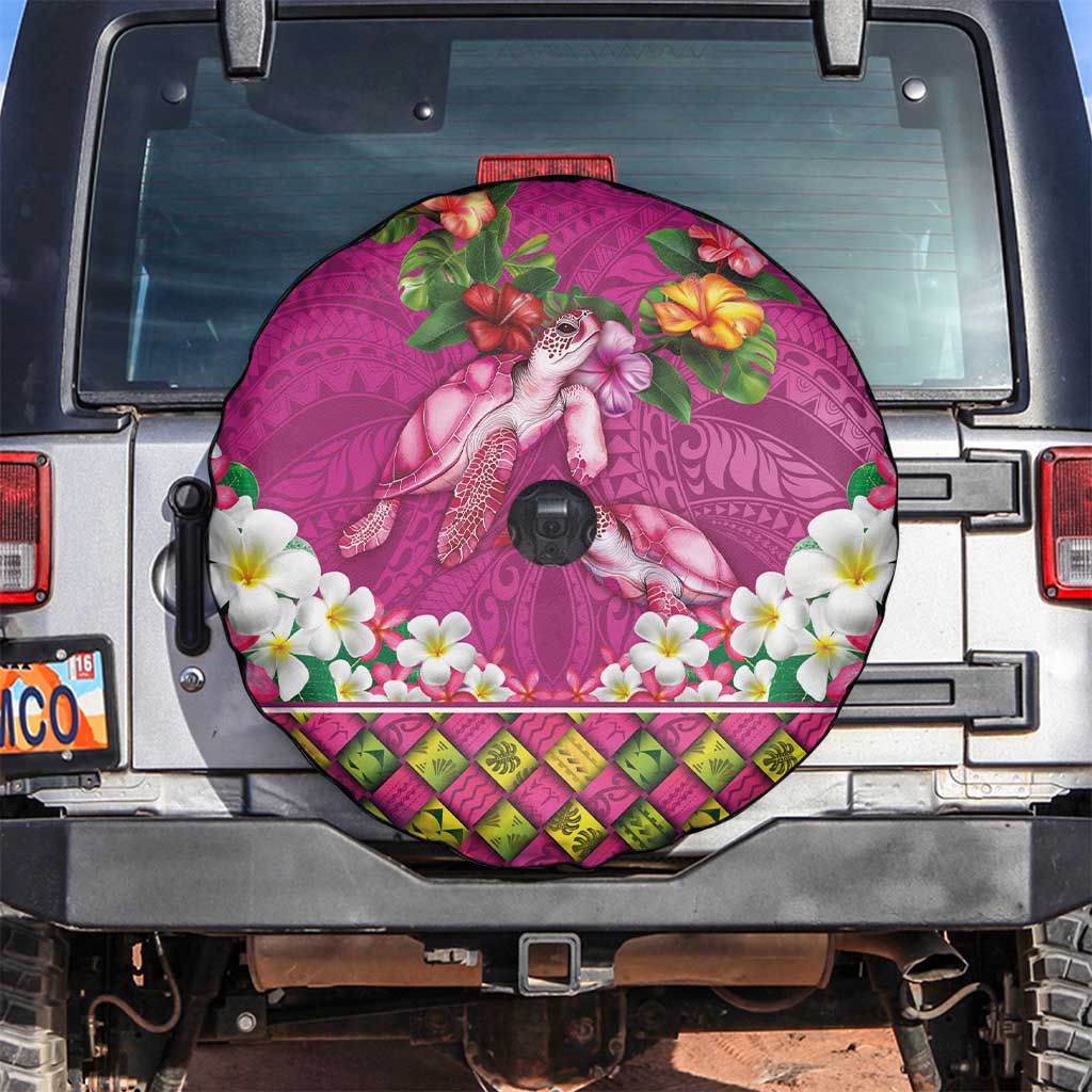 Hawaiian Lei Turtle and Plumeria Spare Tire Cover Polynerian Art Tattoo-Plum Pink Color