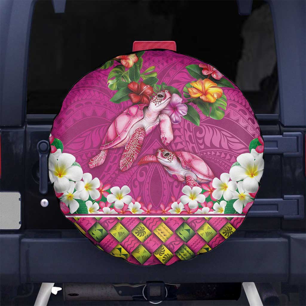 Hawaiian Lei Turtle and Plumeria Spare Tire Cover Polynerian Art Tattoo-Plum Pink Color