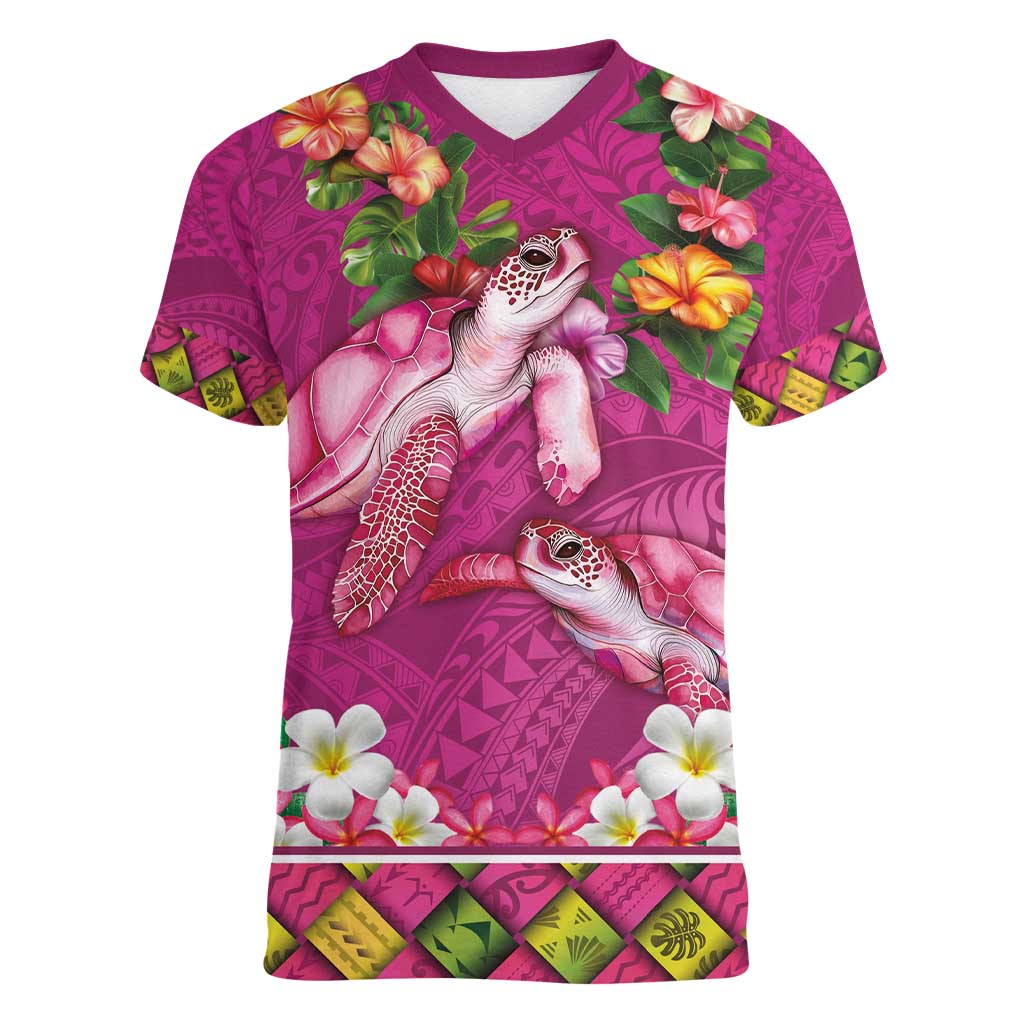 Hawaiian Lei Turtle and Plumeria Women V-Neck T-Shirt Polynerian Art Tattoo-Plum Pink Color