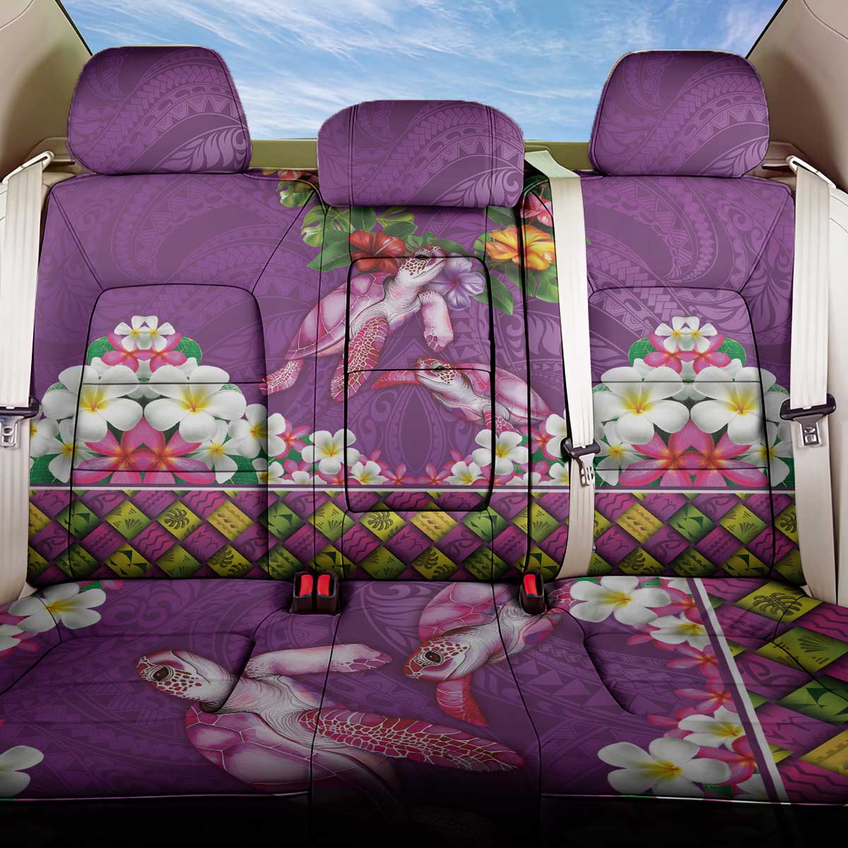 Hawaiian Lei Turtle and Plumeria Back Car Seat Cover Polynerian Art Tattoo-Mauve Color