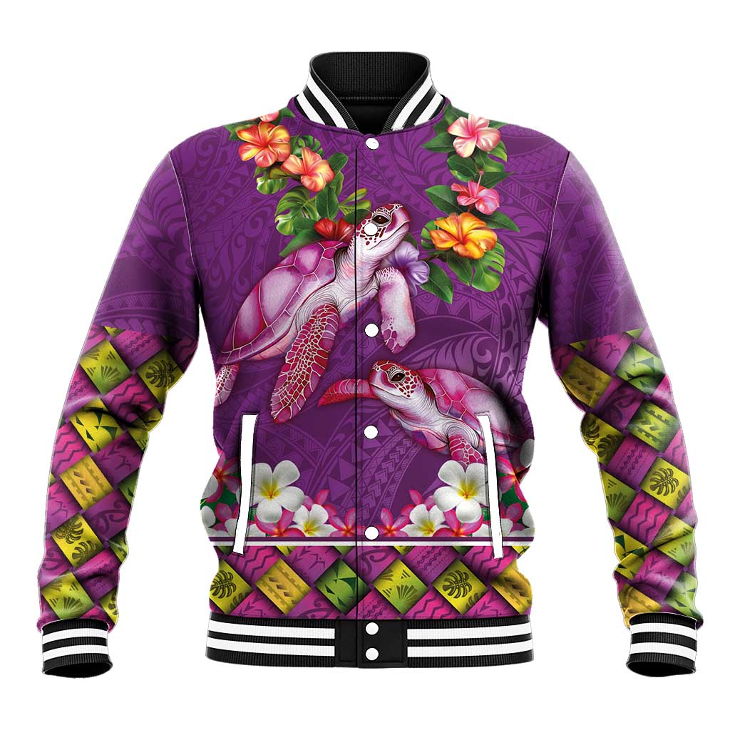 Hawaiian Lei Turtle and Plumeria Baseball Jacket Polynerian Art Tattoo-Mauve Color LT03 Unisex Purple - Polynesian Pride