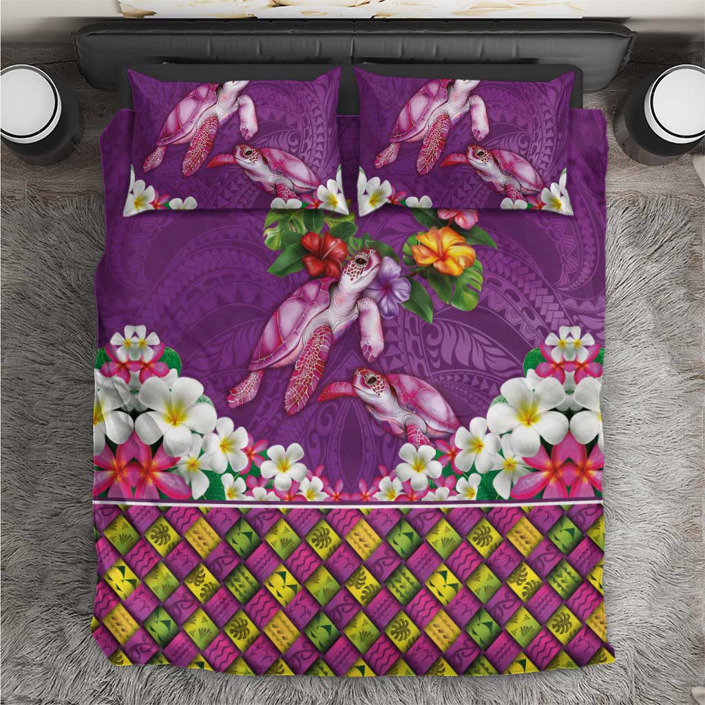 Hawaiian Lei Turtle and Plumeria Bedding Set Polynerian Art Tattoo-Mauve Color