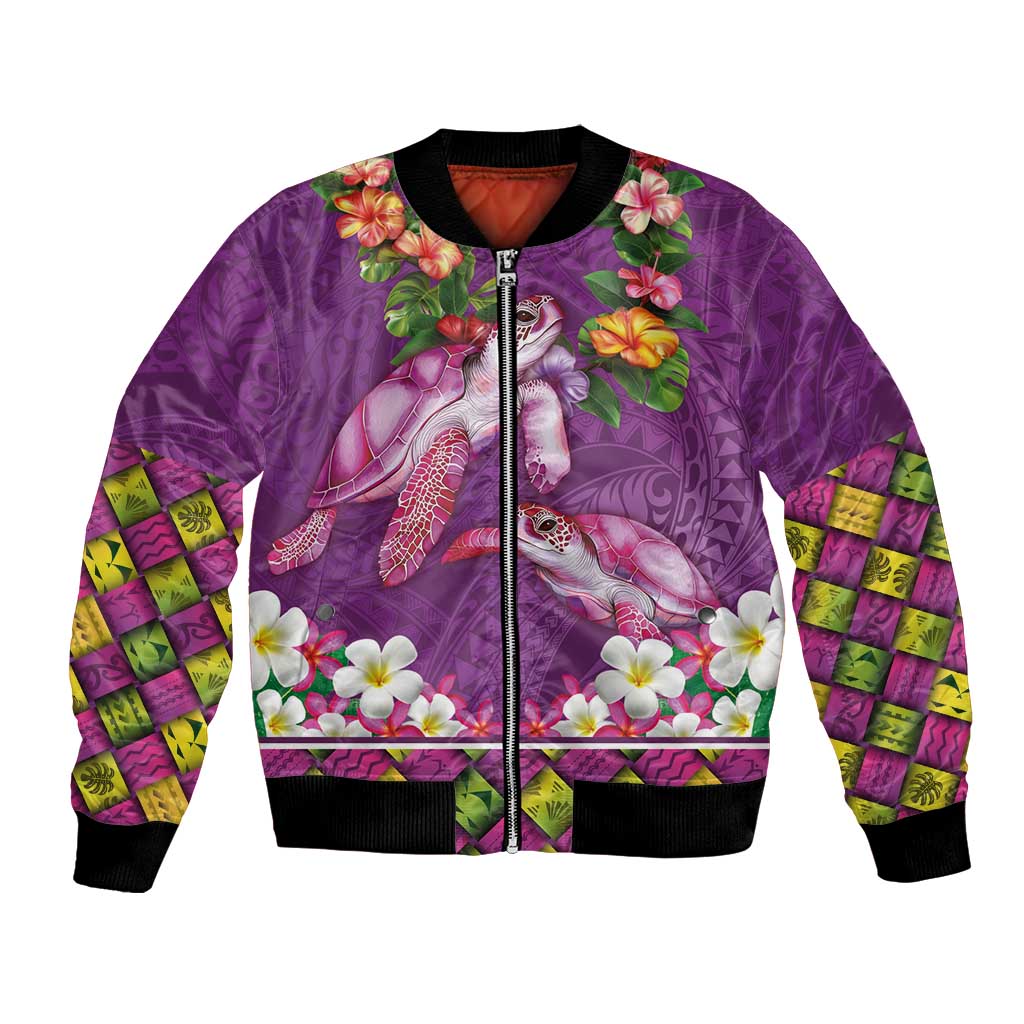 Hawaiian Lei Turtle and Plumeria Bomber Jacket Polynerian Art Tattoo-Mauve Color LT03 Unisex Purple - Polynesian Pride