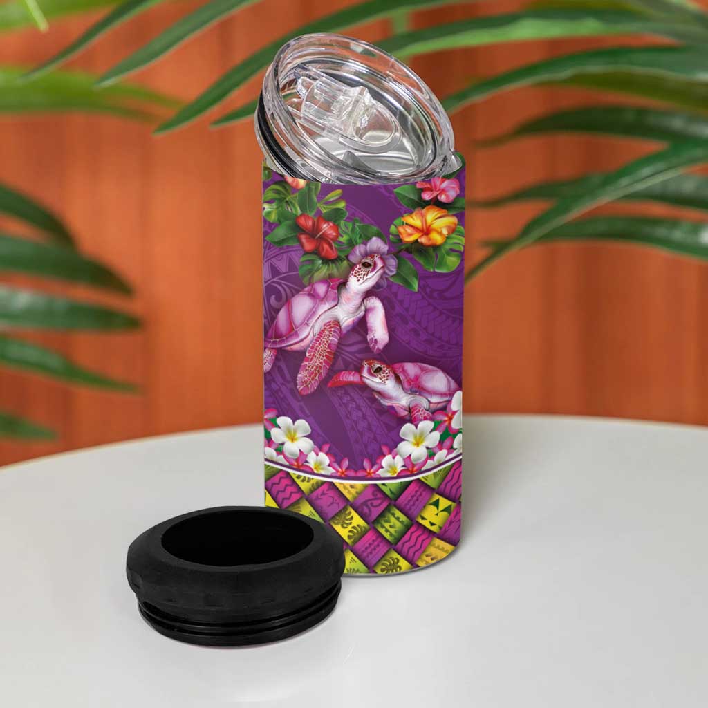 Hawaiian Lei Turtle and Plumeria 4 in 1 Can Cooler Tumbler Polynerian Art Tattoo-Mauve Color