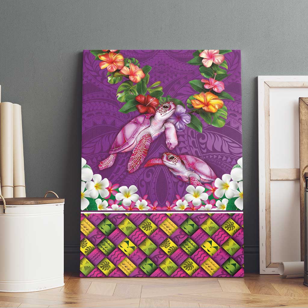 Hawaiian Lei Turtle and Plumeria Canvas Wall Art Polynerian Art Tattoo-Mauve Color