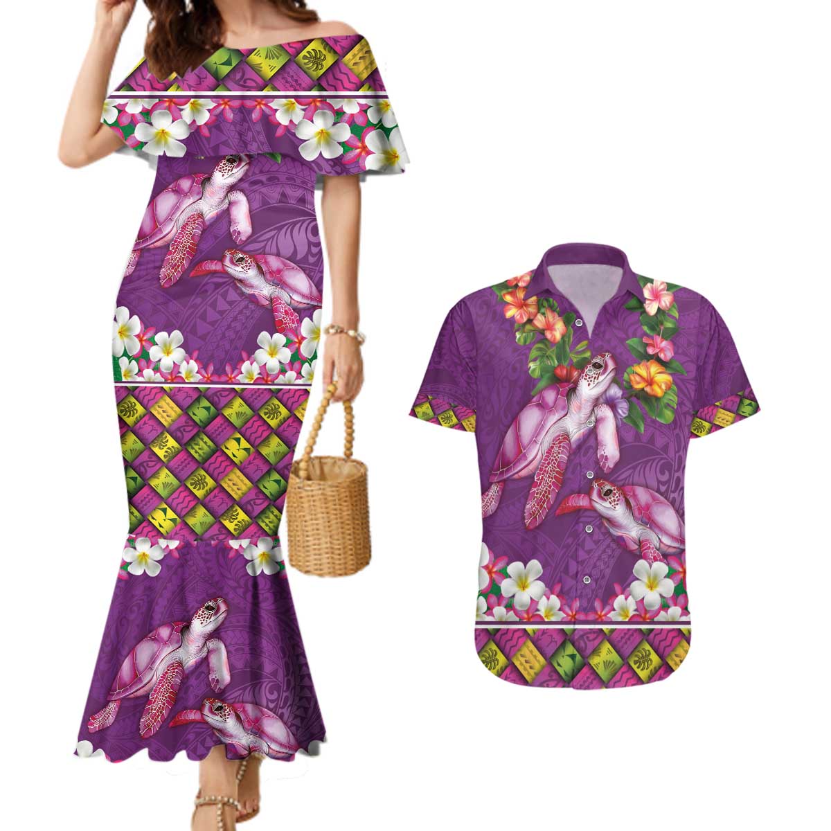 Hawaiian Lei Turtle and Plumeria Couples Matching Mermaid Dress and Hawaiian Shirt Polynerian Art Tattoo-Mauve Color
