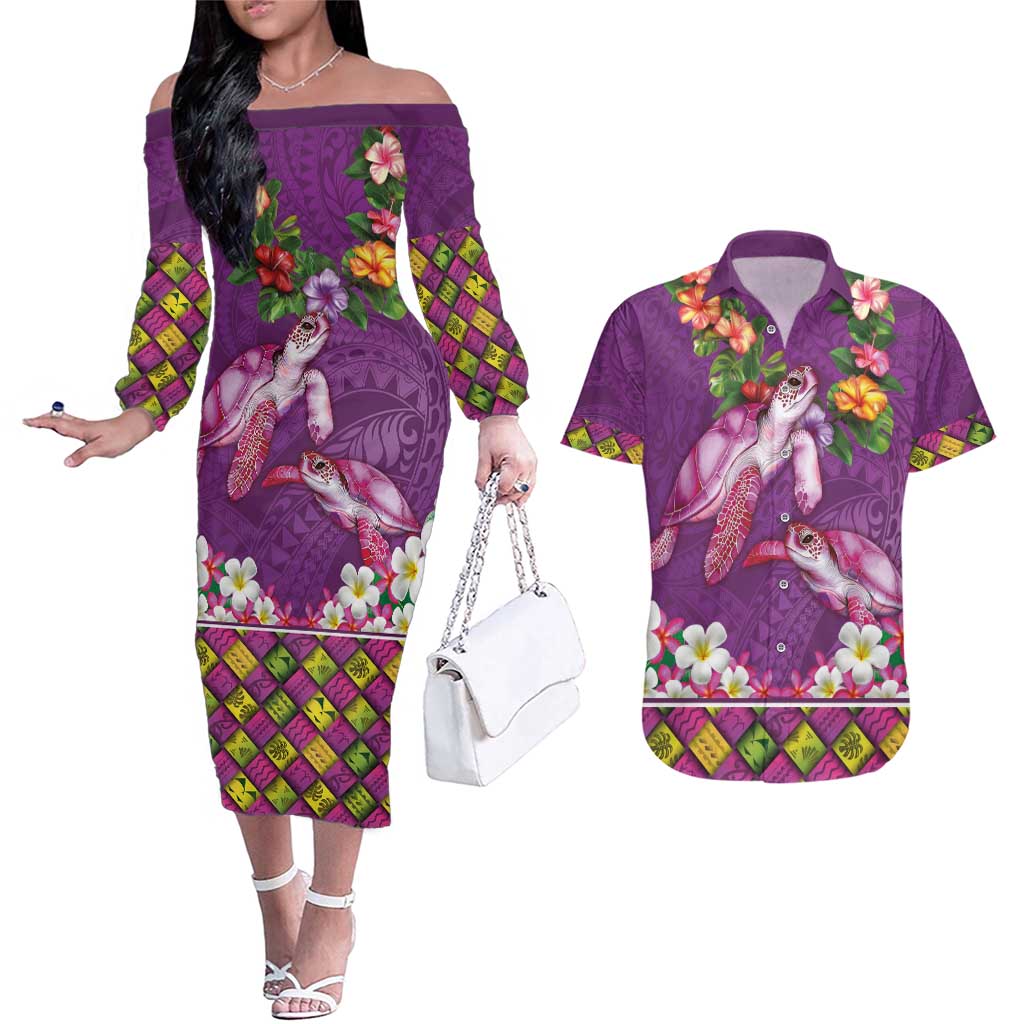 Hawaiian Lei Turtle and Plumeria Couples Matching Off The Shoulder Long Sleeve Dress and Hawaiian Shirt Polynerian Art Tattoo-Mauve Color