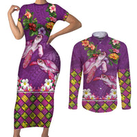 Hawaiian Lei Turtle and Plumeria Couples Matching Short Sleeve Bodycon Dress and Long Sleeve Button Shirt Polynerian Art Tattoo-Mauve Color