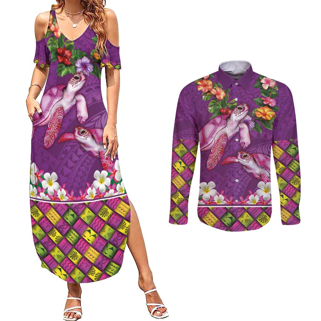 Hawaiian Lei Turtle and Plumeria Couples Matching Summer Maxi Dress and Long Sleeve Button Shirt Polynerian Art Tattoo-Mauve Color