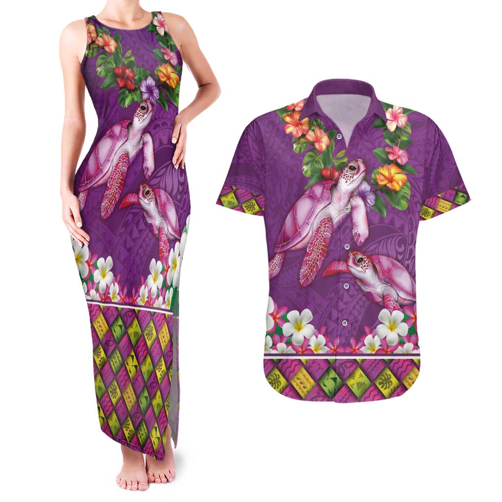 Hawaiian Lei Turtle and Plumeria Couples Matching Tank Maxi Dress and Hawaiian Shirt Polynerian Art Tattoo-Mauve Color