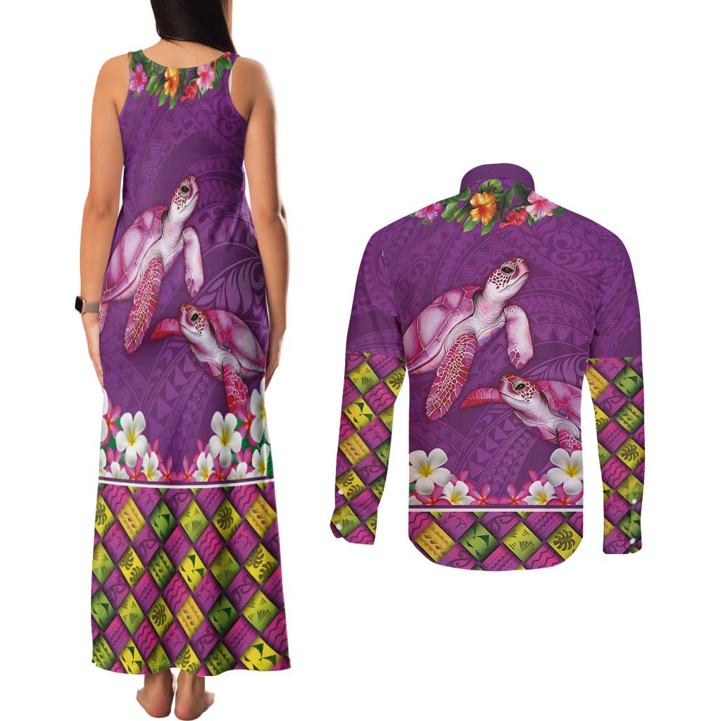 Hawaiian Lei Turtle and Plumeria Couples Matching Tank Maxi Dress and Long Sleeve Button Shirt Polynerian Art Tattoo-Mauve Color