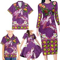 Hawaiian Lei Turtle and Plumeria Family Matching Long Sleeve Bodycon Dress and Hawaiian Shirt Polynerian Art Tattoo-Mauve Color