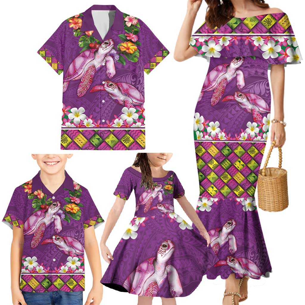Hawaiian Lei Turtle and Plumeria Family Matching Mermaid Dress and Hawaiian Shirt Polynerian Art Tattoo-Mauve Color