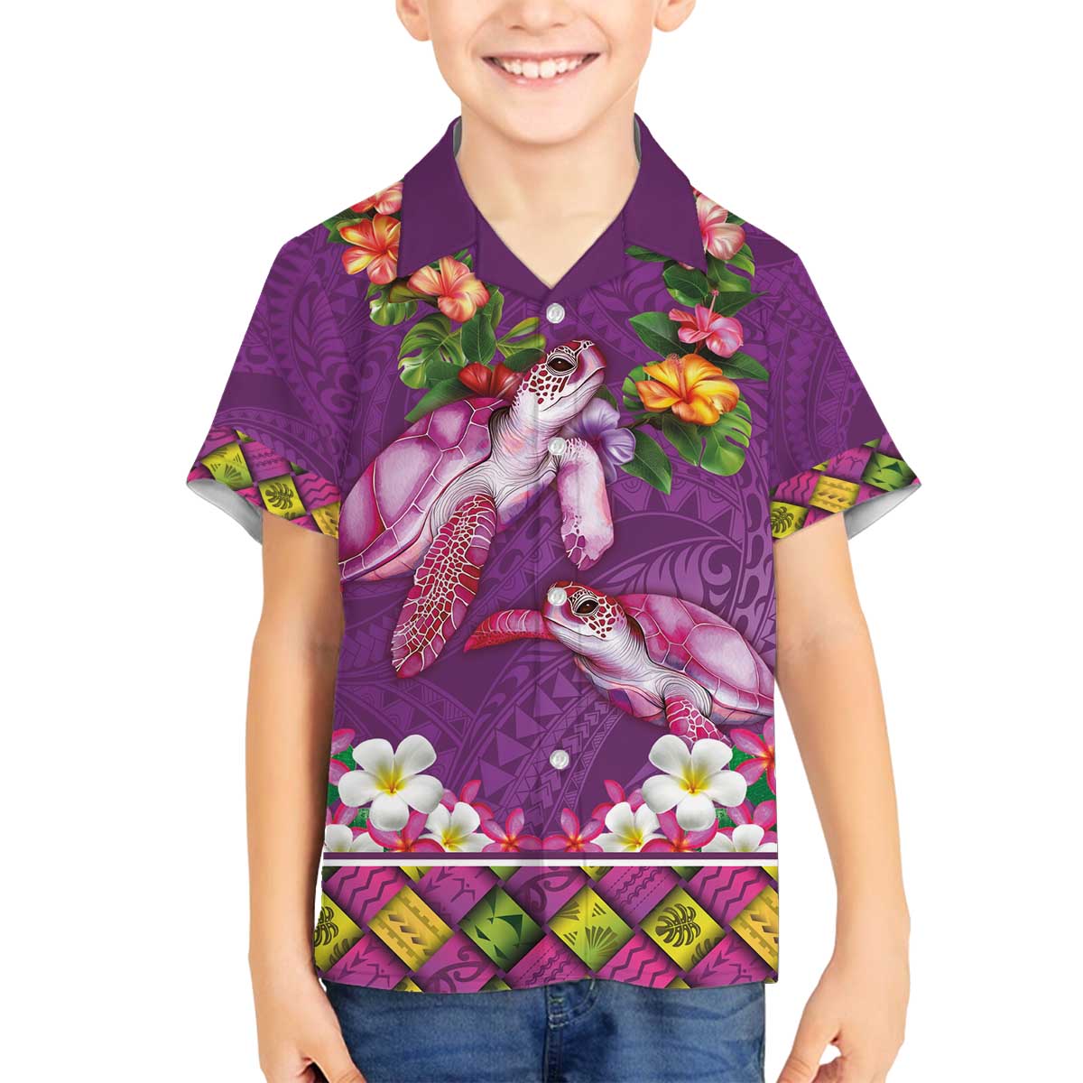 Hawaiian Lei Turtle and Plumeria Family Matching Off The Shoulder Long Sleeve Dress and Hawaiian Shirt Polynerian Art Tattoo-Mauve Color