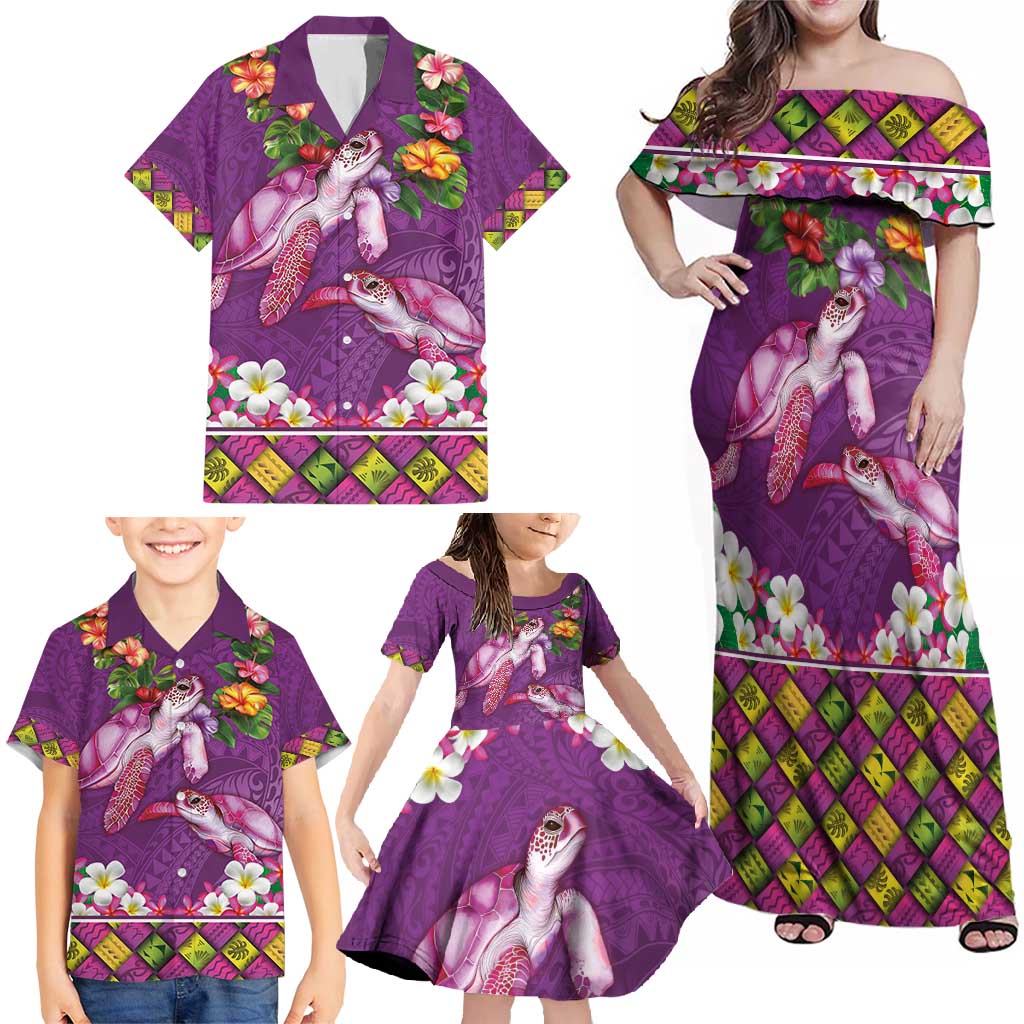 Hawaiian Lei Turtle and Plumeria Family Matching Off Shoulder Maxi Dress and Hawaiian Shirt Polynerian Art Tattoo-Mauve Color