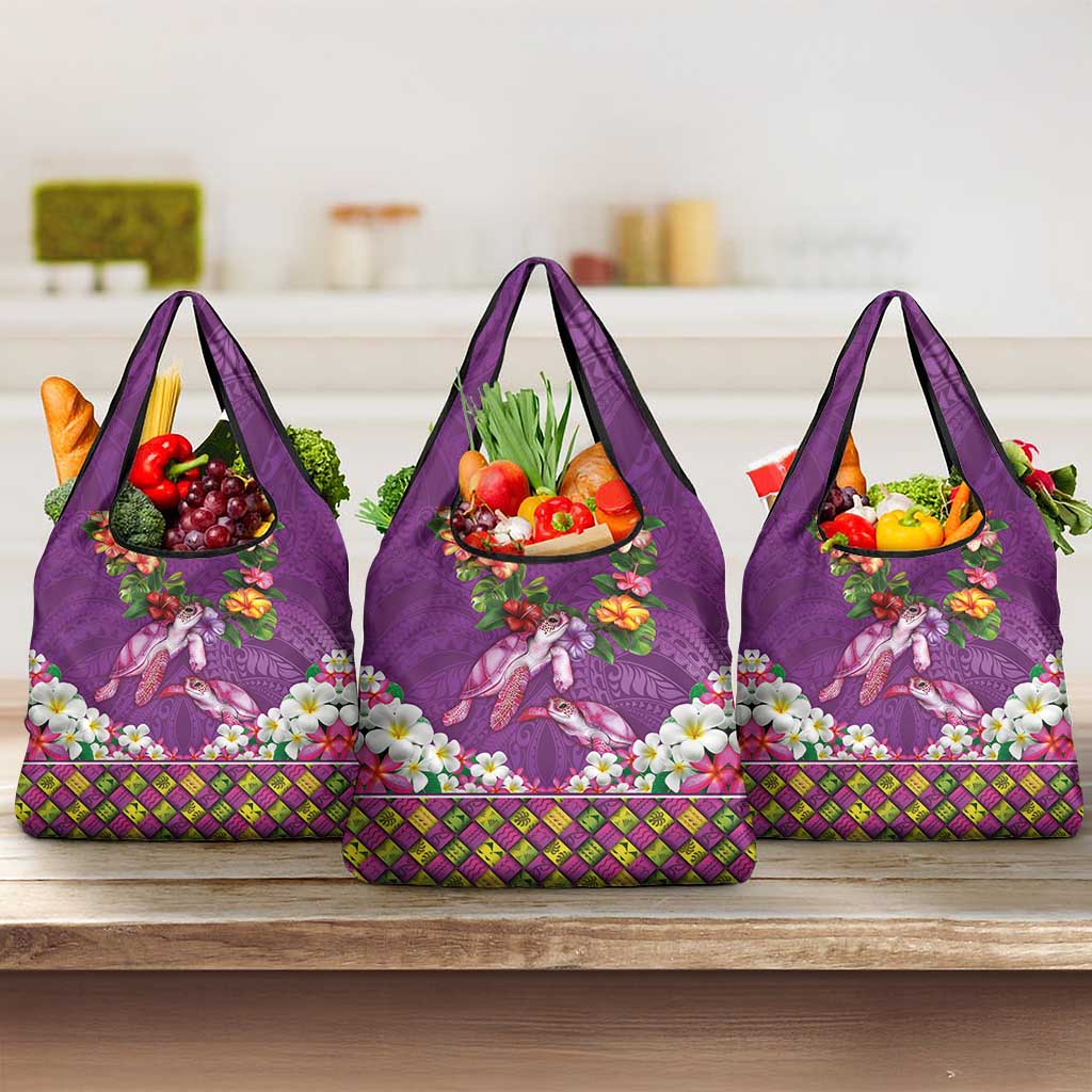 Hawaiian Lei Turtle and Plumeria Grocery Bag Polynerian Art Tattoo-Mauve Color
