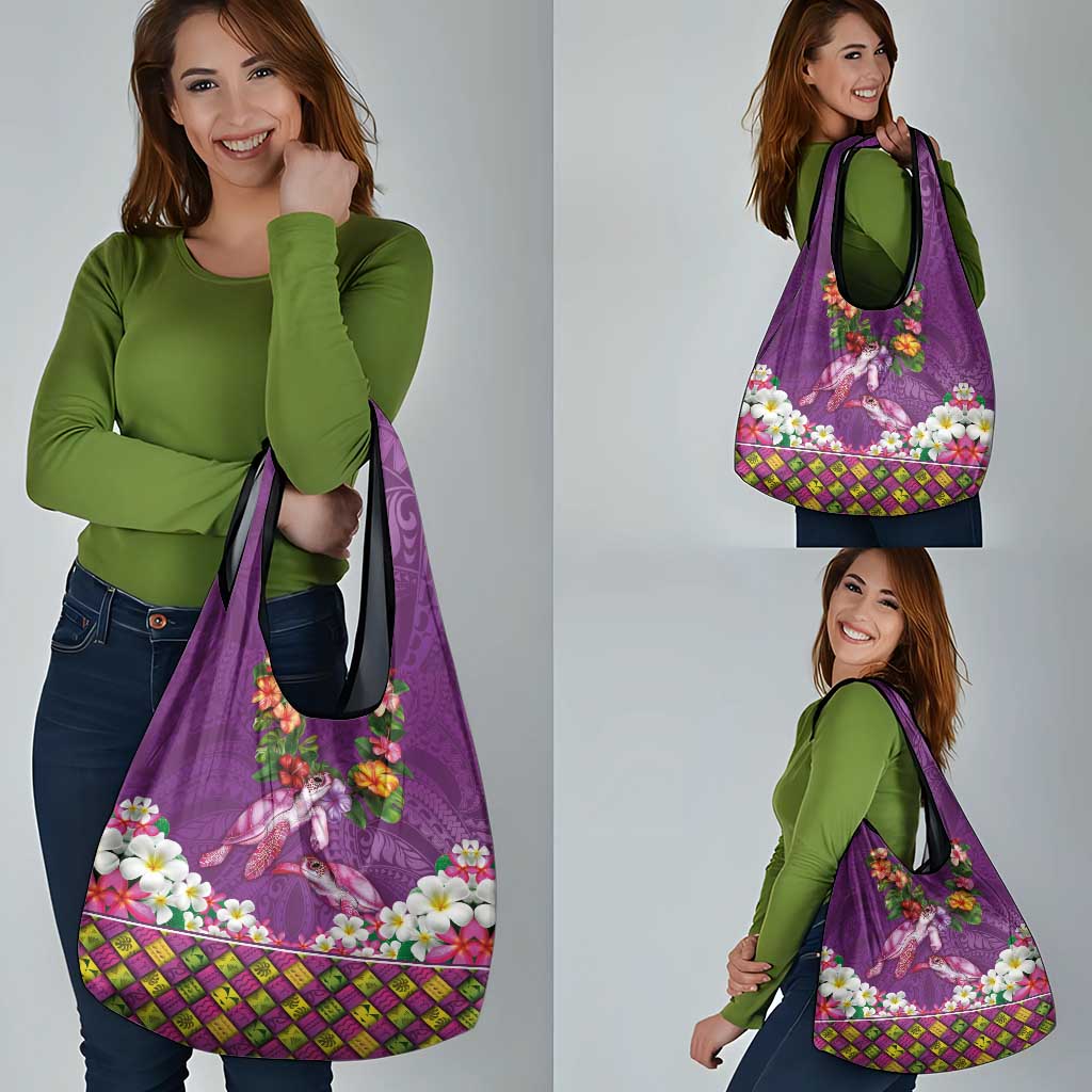 Hawaiian Lei Turtle and Plumeria Grocery Bag Polynerian Art Tattoo-Mauve Color