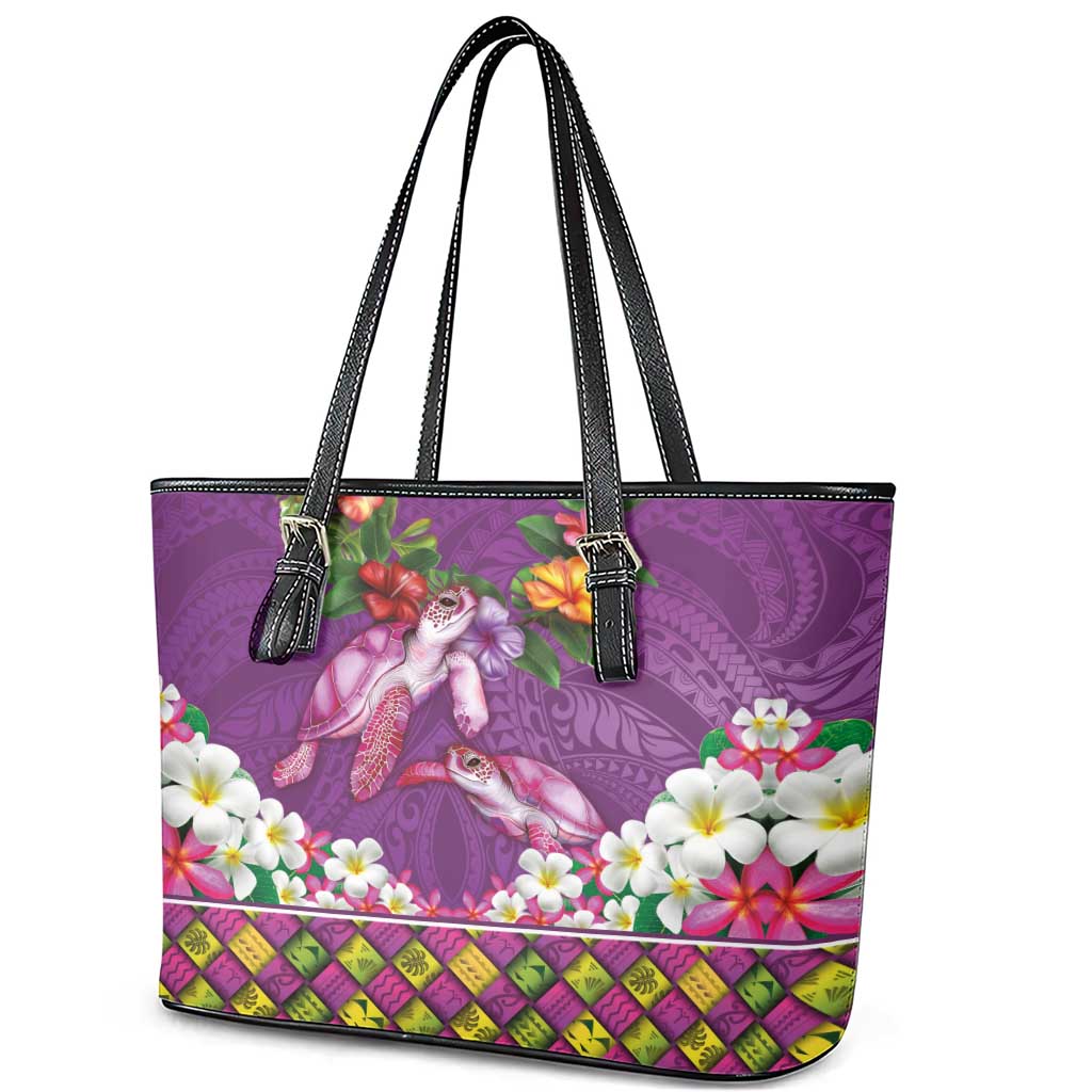 Hawaiian Lei Turtle and Plumeria Leather Tote Bag Polynerian Art Tattoo-Mauve Color