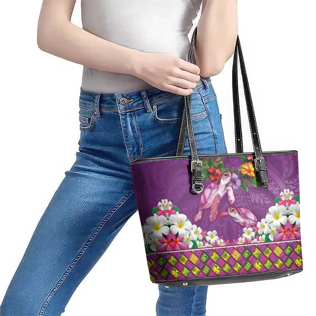 Hawaiian Lei Turtle and Plumeria Leather Tote Bag Polynerian Art Tattoo-Mauve Color