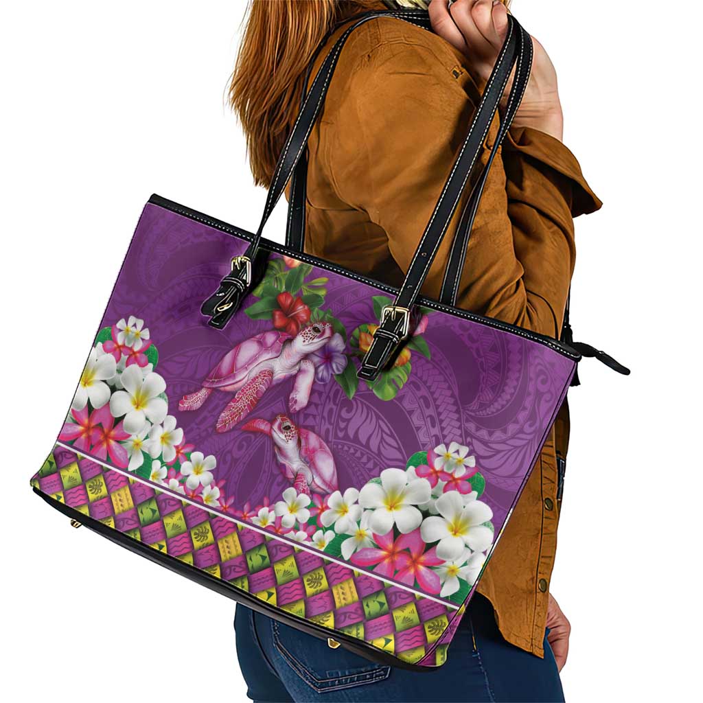 Hawaiian Lei Turtle and Plumeria Leather Tote Bag Polynerian Art Tattoo-Mauve Color