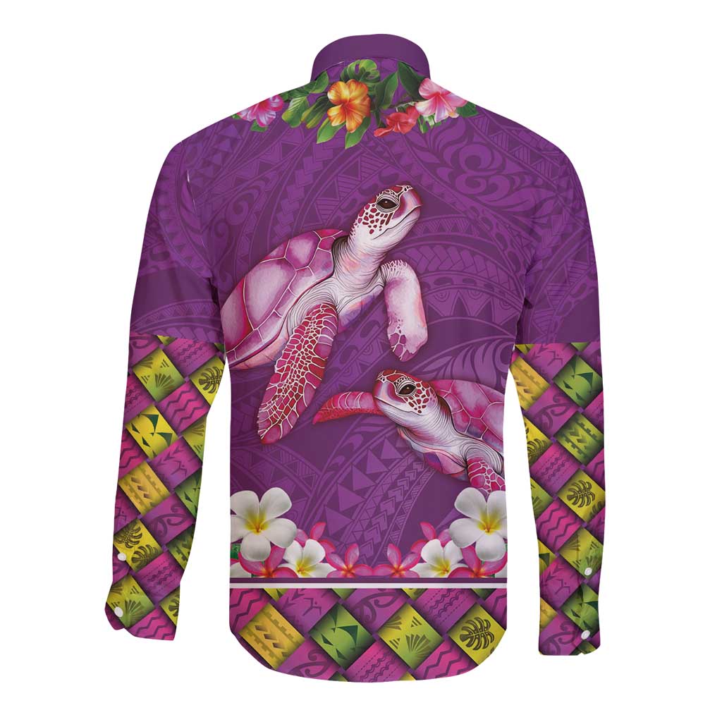 Hawaiian Lei Turtle and Plumeria Long Sleeve Button Shirt Polynerian Art Tattoo-Mauve Color