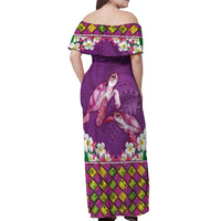 Hawaiian Lei Turtle and Plumeria Off Shoulder Maxi Dress Polynerian Art Tattoo-Mauve Color