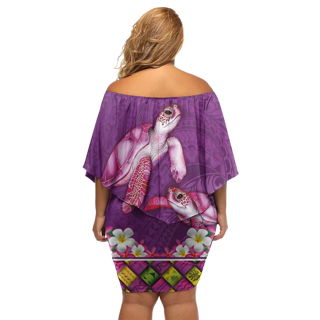 Hawaiian Lei Turtle and Plumeria Off Shoulder Short Dress Polynerian Art Tattoo-Mauve Color