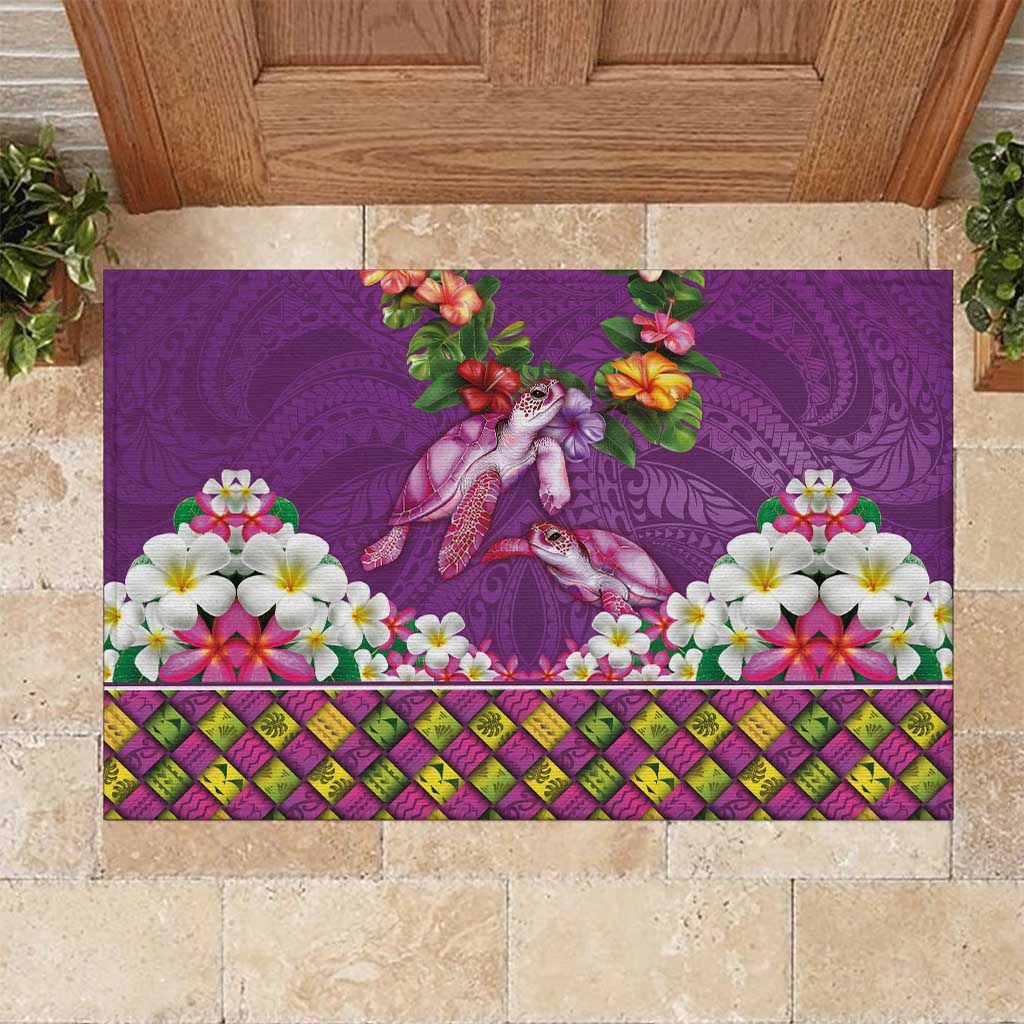 Hawaiian Lei Turtle and Plumeria Rubber Doormat Polynerian Art Tattoo-Mauve Color