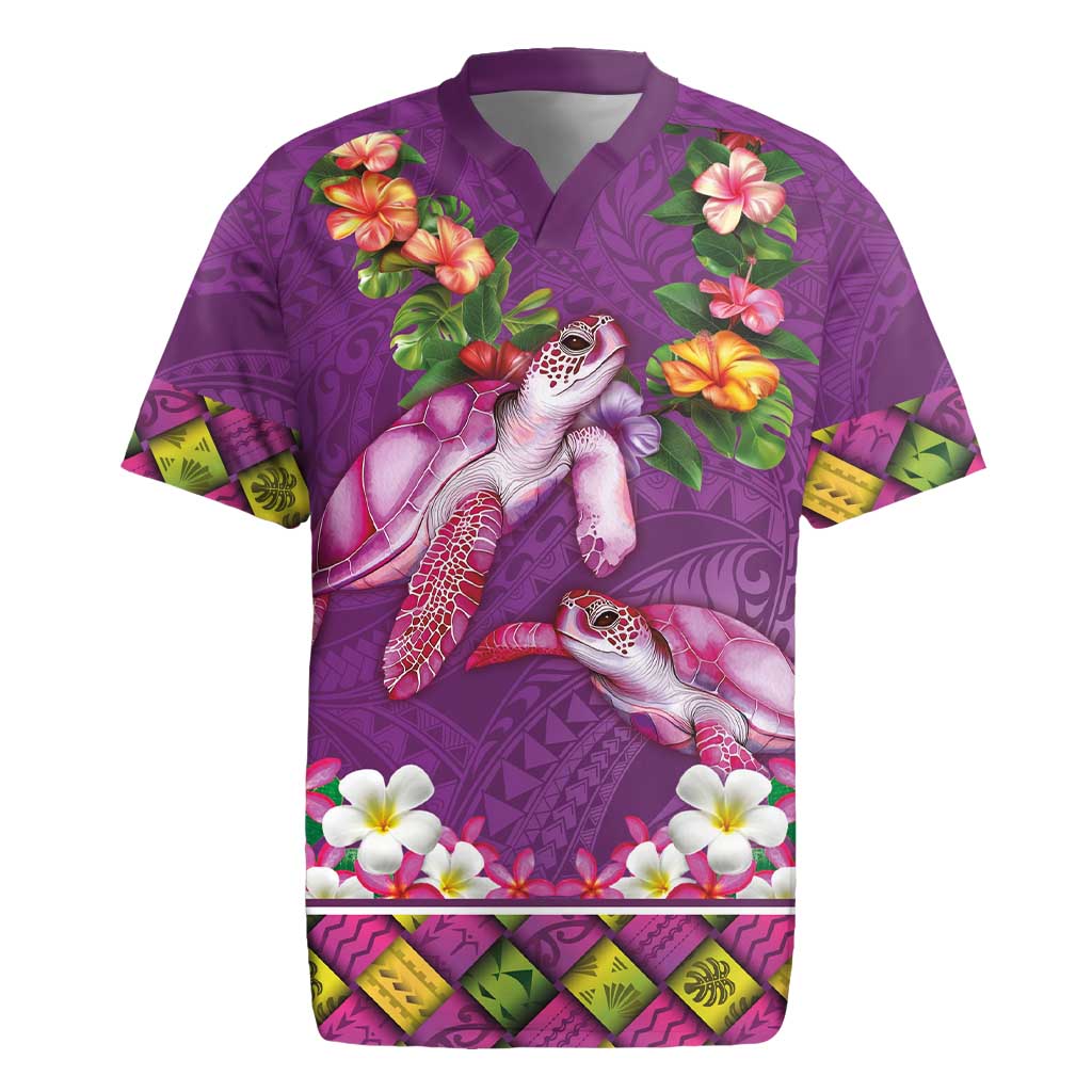 Hawaiian Lei Turtle and Plumeria Rugby Jersey Polynerian Art Tattoo-Mauve Color