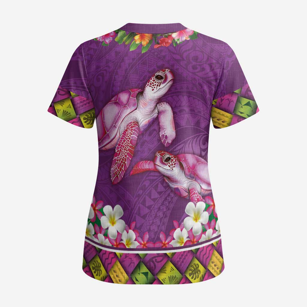 Hawaiian Lei Turtle and Plumeria Scrub Top Polynerian Art Tattoo-Mauve Color - Polynesian Pride