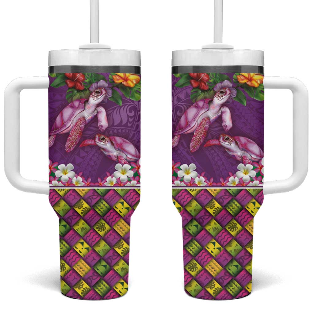 Hawaiian Lei Turtle and Plumeria Tumbler With Handle Polynerian Art Tattoo-Mauve Color