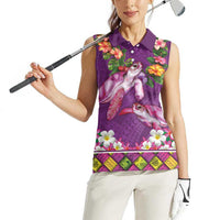 Hawaiian Lei Turtle and Plumeria Women Sleeveless Polo Shirt Polynerian Art Tattoo-Mauve Color