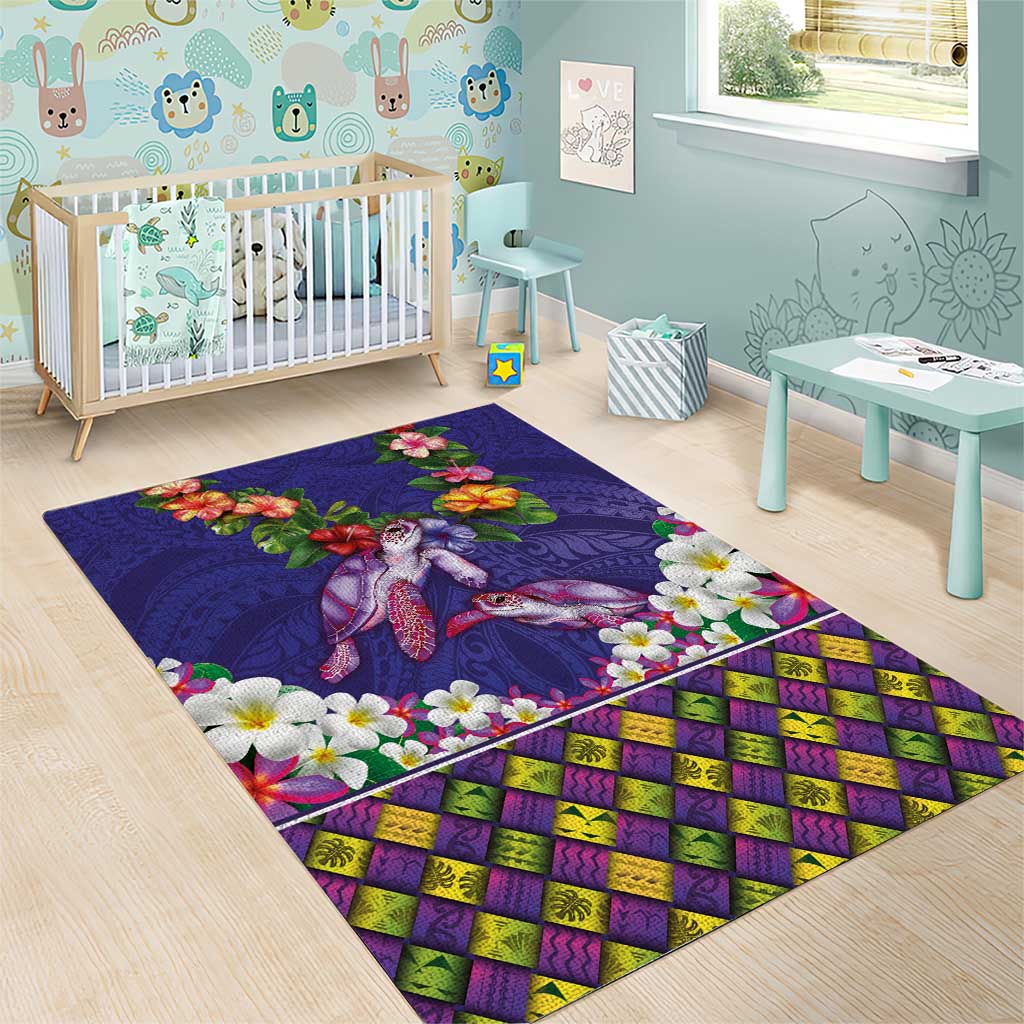 Hawaiian Lei Turtle and Plumeria Area Rug Polynerian Art Tattoo-Navy Color
