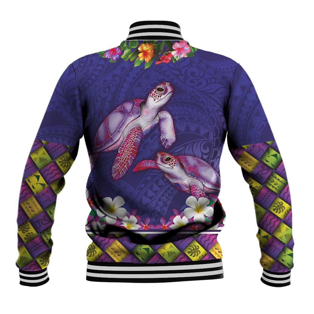 Hawaiian Lei Turtle and Plumeria Baseball Jacket Polynerian Art Tattoo-Navy Color