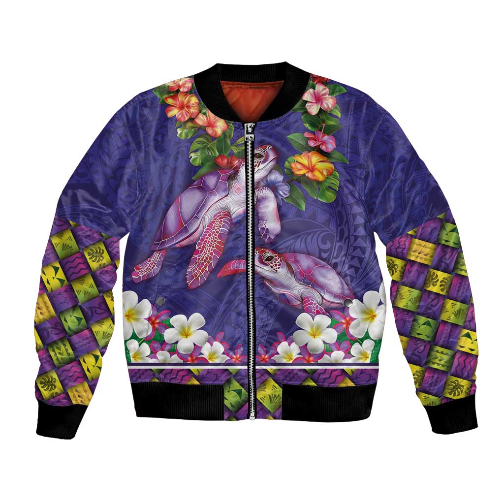 Hawaiian Lei Turtle and Plumeria Bomber Jacket Polynerian Art Tattoo-Navy Color LT03 Unisex Navy - Polynesian Pride