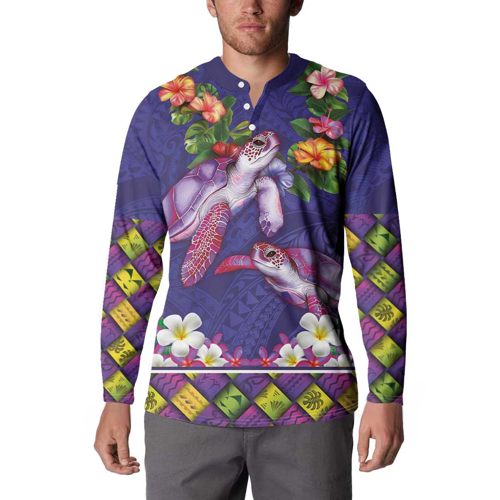Hawaiian Lei Turtle and Plumeria Button Sweatshirt Polynerian Art Tattoo-Navy Color LT03 - Polynesian Pride
