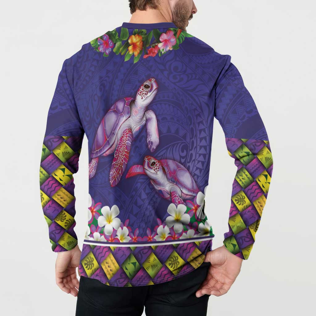 Hawaiian Lei Turtle and Plumeria Button Sweatshirt Polynerian Art Tattoo-Navy Color LT03 - Polynesian Pride