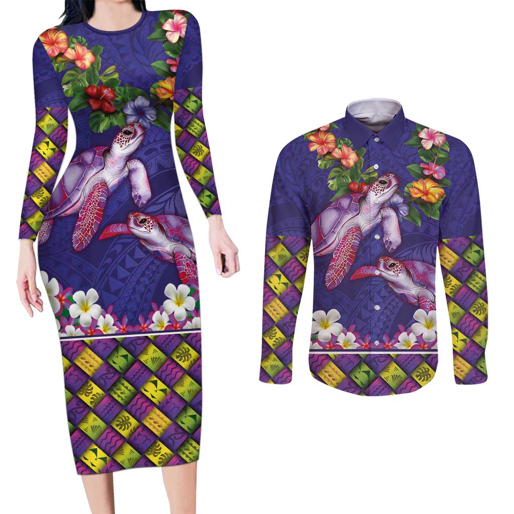 Hawaiian Lei Turtle and Plumeria Couples Matching Long Sleeve Bodycon Dress and Long Sleeve Button Shirt Polynerian Art Tattoo-Navy Color
