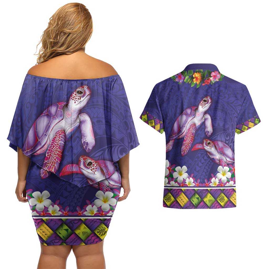 Hawaiian Lei Turtle and Plumeria Couples Matching Off Shoulder Short Dress and Hawaiian Shirt Polynerian Art Tattoo-Navy Color
