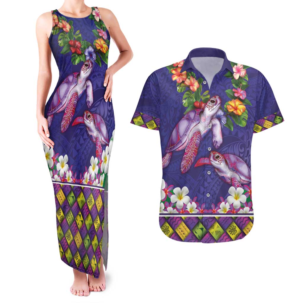 Hawaiian Lei Turtle and Plumeria Couples Matching Tank Maxi Dress and Hawaiian Shirt Polynerian Art Tattoo-Navy Color
