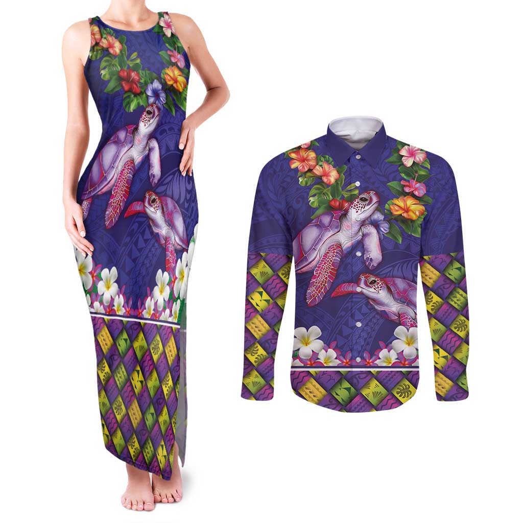 Hawaiian Lei Turtle and Plumeria Couples Matching Tank Maxi Dress and Long Sleeve Button Shirt Polynerian Art Tattoo-Navy Color