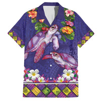 Hawaiian Lei Turtle and Plumeria Family Matching Long Sleeve Bodycon Dress and Hawaiian Shirt Polynerian Art Tattoo-Navy Color